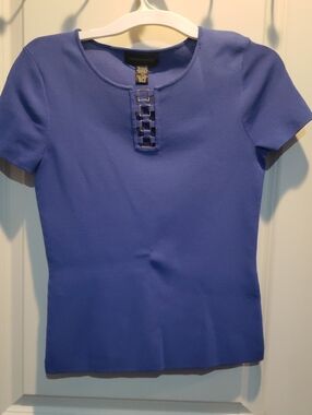 Short Sleeve Knit Top in Periwinkle Blue w/ Gold Ladder Neckline